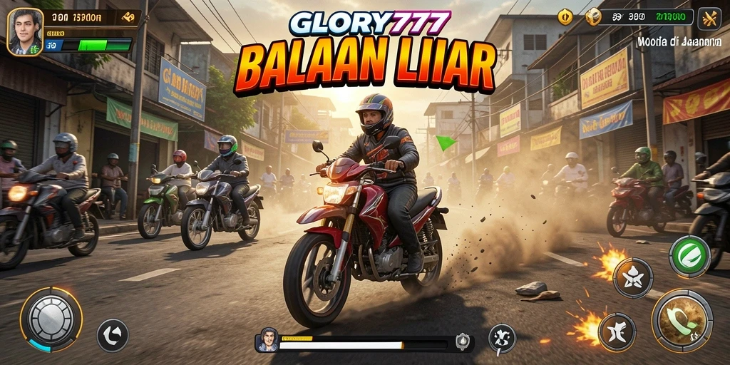 Screenshot dari gameplay seru GLORY777 saat balapan motor.